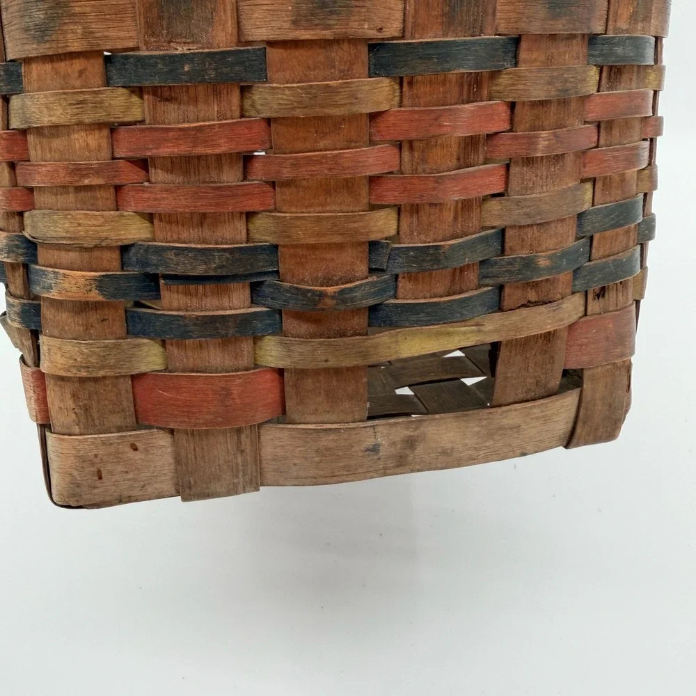 Vtg Hand Woven Splint Oak Gathering Basket Bentwood Handle Primitive Farmhouse